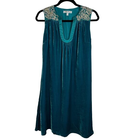 Beth Bowley Velvet Silk Embroidered Embellished Teal Silk Lined Mini Dress Sz 4 - Picture 1 of 7